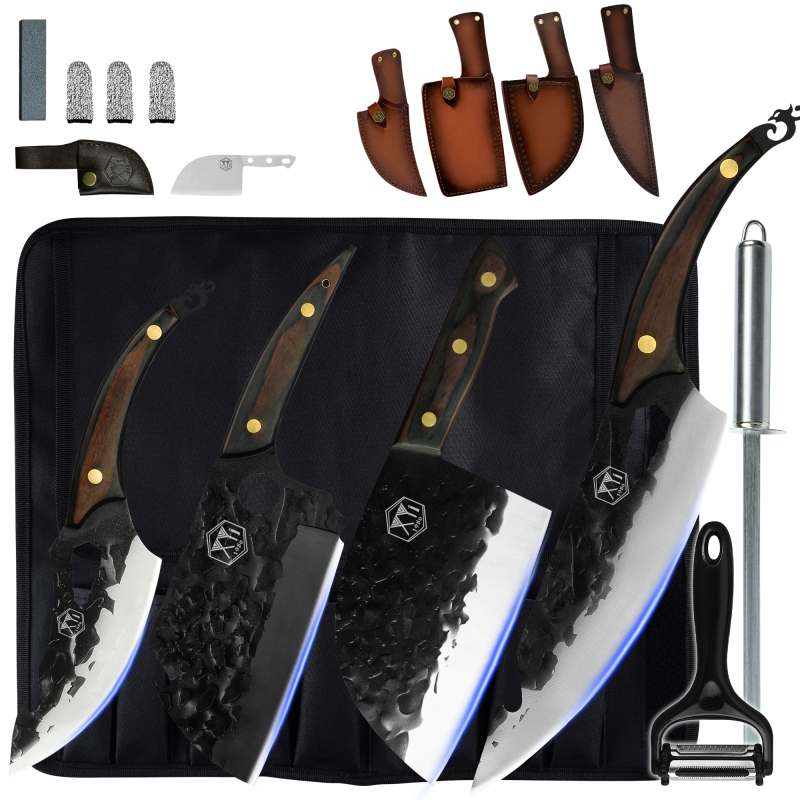 XYJ Camping Kitchen Knives Set High Carbon Steel Chef Knife With Carry Roll Bag&amp;Sharpener Rod&amp;Fruit Fork Boning Butcher Knife