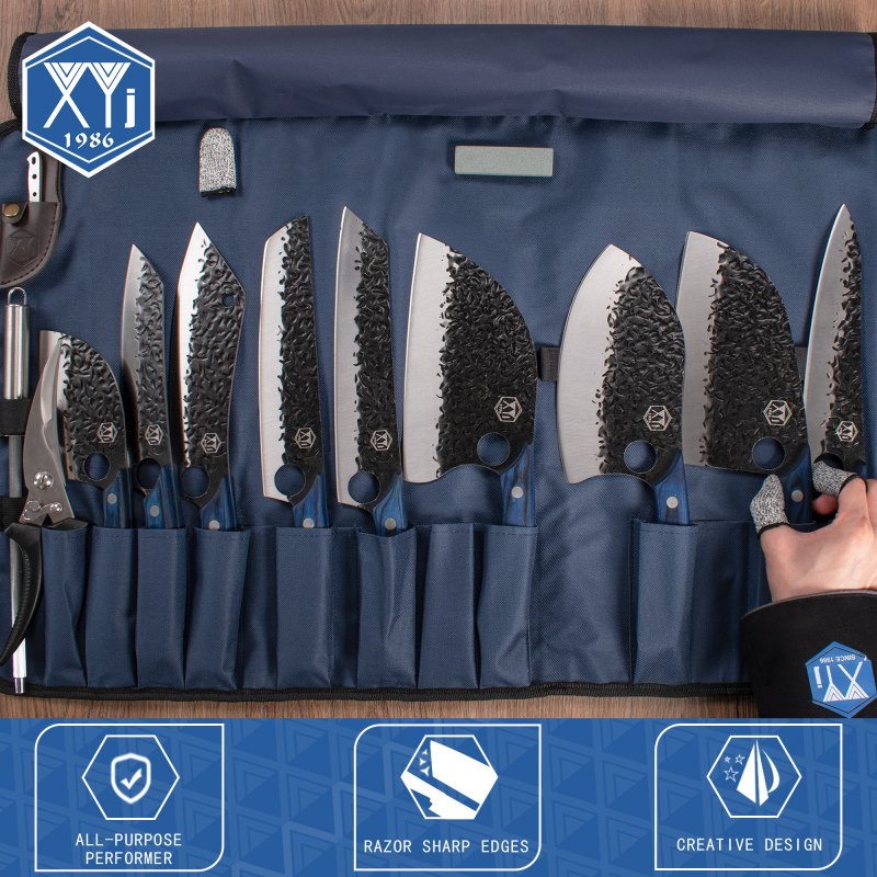 XYJ High Carbon Steel Camping Knife Set Serbian Chef Knife with Roll Bag Honing Steel Kitchen Shears Butcher Cooking Knives Set