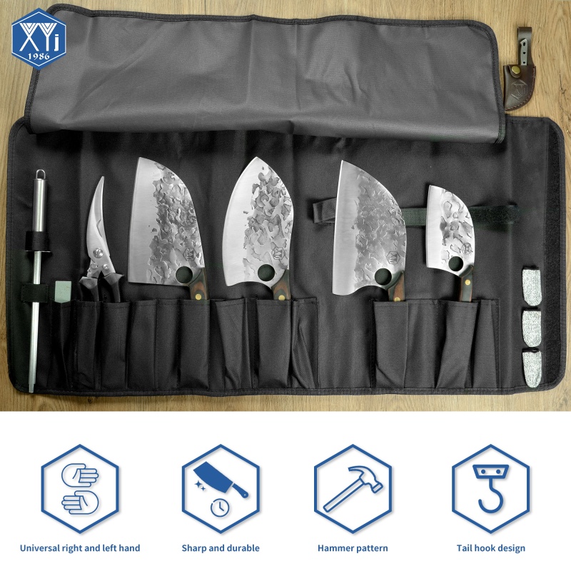 XYJ Hammer Forged Serbian Chef Knife Set 4pcs High Carbon Steel Butcher Knives With Roll Bag,Scissor,Whetstone,Sharpener Rod