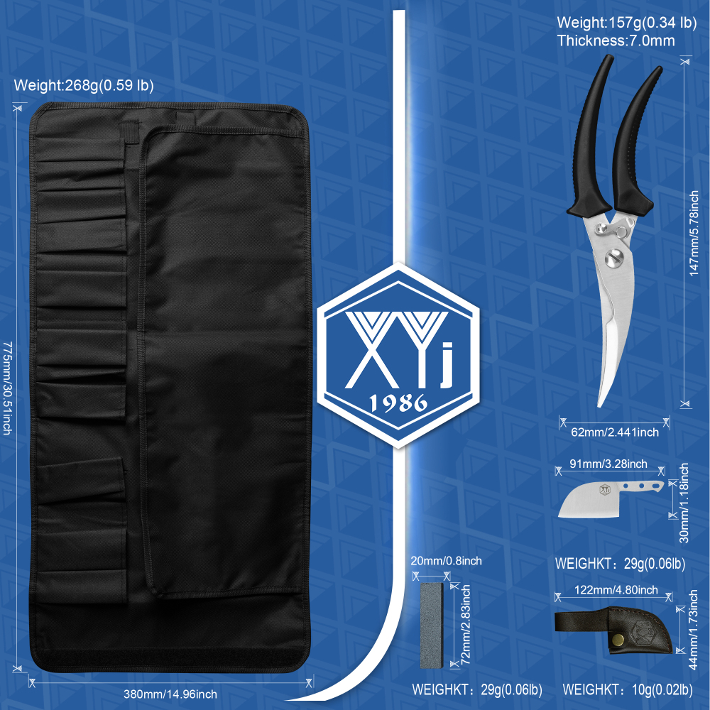 XYj Set of Chef Knife With Roll Bag Kitchen Scissor Sharpener Rod High Carbon Steel Kitchen Knives Slice Cooking Vegetable Knife