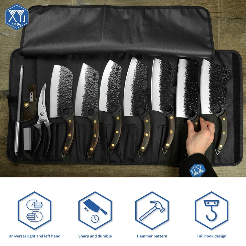 XYJ High Carbon Steel Knife Set With Chef Knife Bag Poultry Shears Meat Nakiri Serbian Chef Knife For Kitchen Outdoor Camping Full Tang