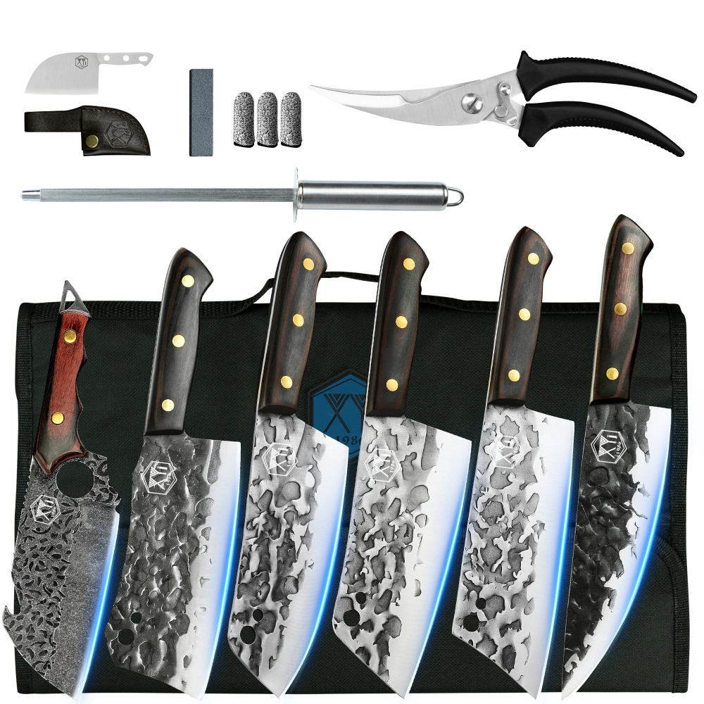 XYj 6pcs Camping Kitchen Knife Set With Roll Bag Scissors High Carbon Steel Serbian Chef Knife Vegetable Slice Cooking Butcher