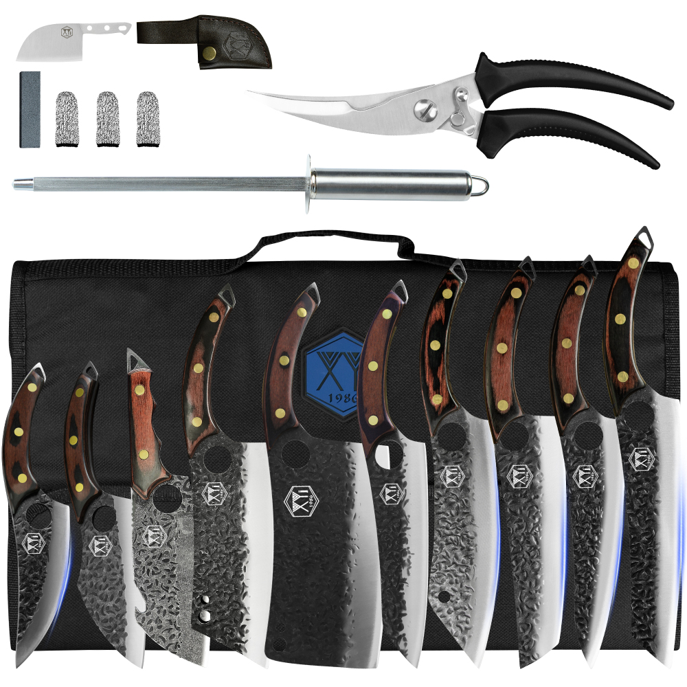 XYj Set of Chef Knife With Roll Bag Kitchen Scissor Sharpener Rod High Carbon Steel Kitchen Knives Slice Cooking Vegetable Knife