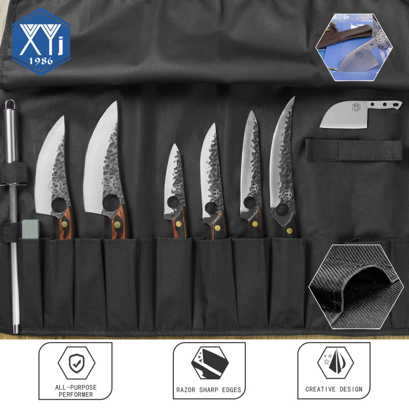 XYj 6pcs Boning Knife Set With Roll Bag Sharpening Rod Whetstone Hammer Carving Paring Utility Knife Kitchen Cutlery Knife Set