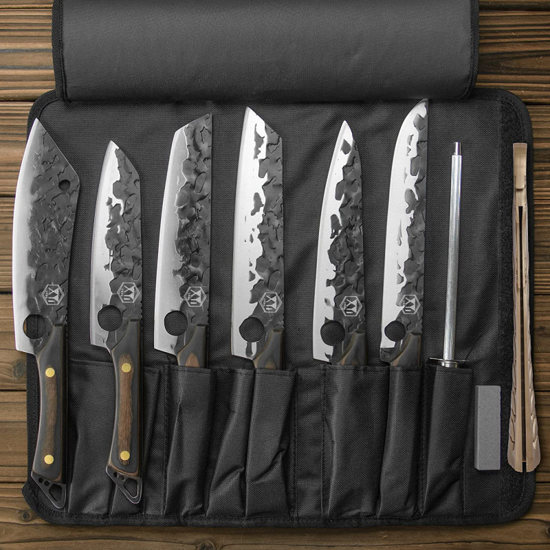 XYJ Full Tang Camping Kitchen Knives Set With Knife Holder&amp;Chef's Bag&amp;Sharpener Rod 7 7.5 8 9 Inch Slicing Knife Knives Block Set