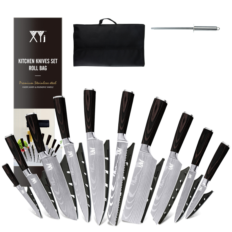 XYJ Stainless Steel Kitchen Knives Set 10 Piece Chef Knife Set with Knife Sharpening Rod Carry Case Bag &amp; Sheath Razor Sharp Well Balance