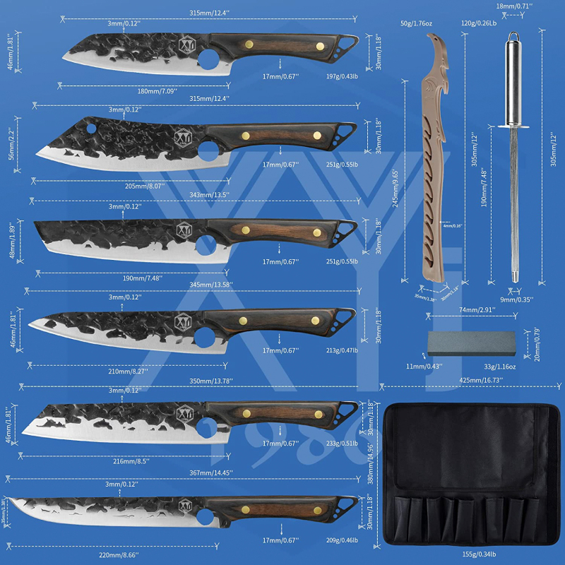 XYJ Full Tang Camping Kitchen Knives Set With Knife Holder&amp;Chef's Bag&amp;Sharpener Rod 7 7.5 8 9 Inch Slicing Knife Knives Block Set