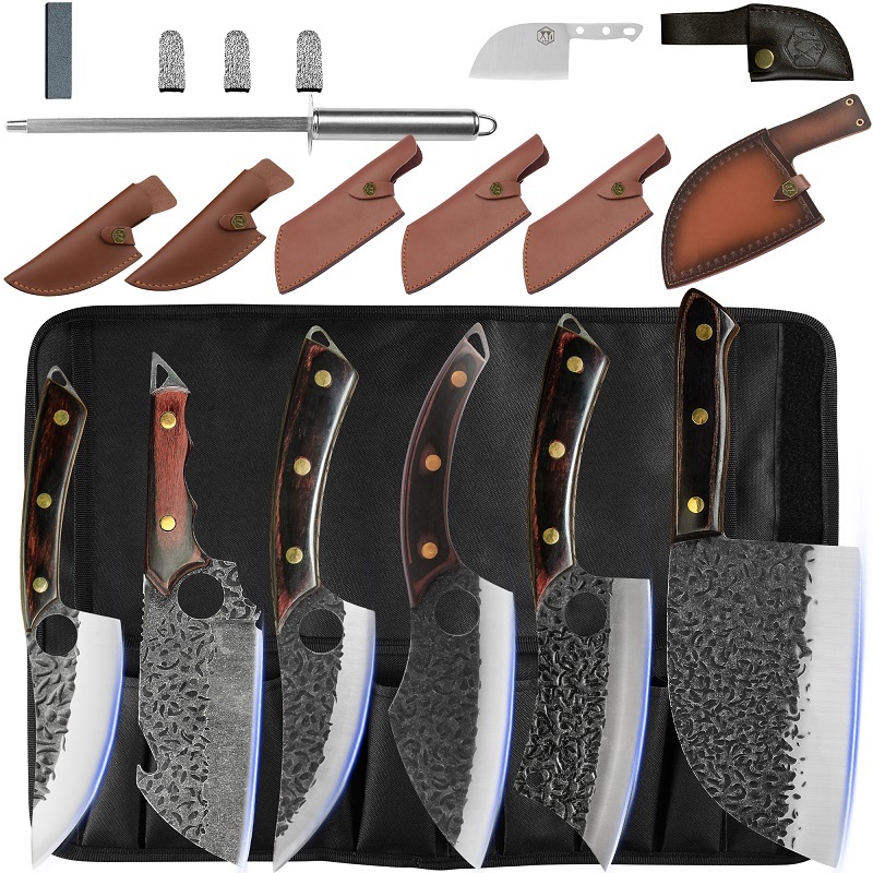 XYJ Full Tang Camping Knives Set Chinese Butcher Knife Vegetable Chef Knives With Leather Knife Sleeves&Roll Bag&Kitchen Tools