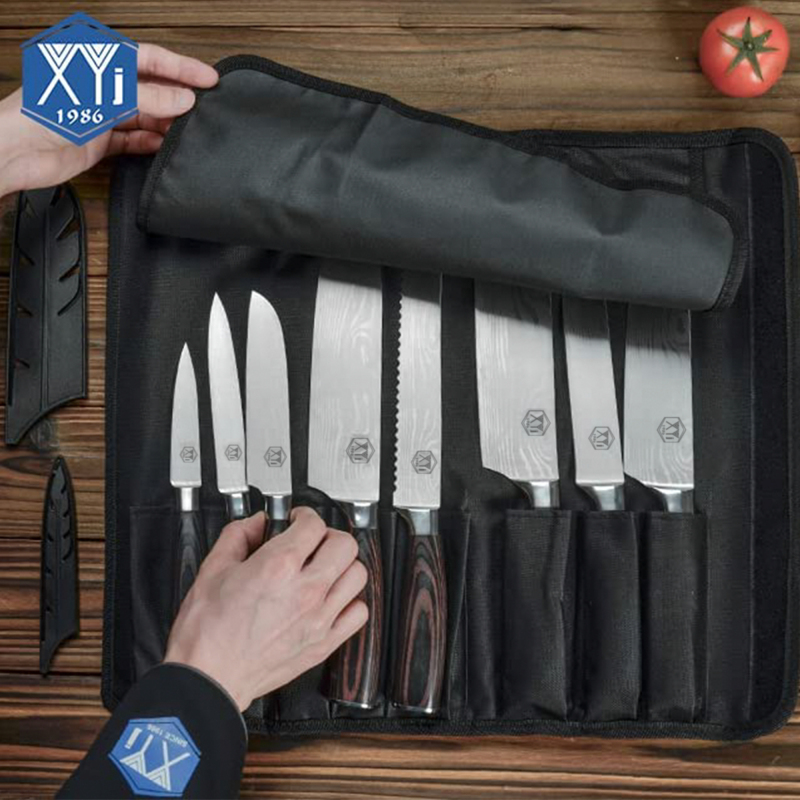 XYJ 8-pieces Stainless Steel Chef Knives Set Razor Sharp Paring Utility Santoku Knife Cleaver Slicing Bread Kitchen Knife With Carry Case Bag &amp; Sheath