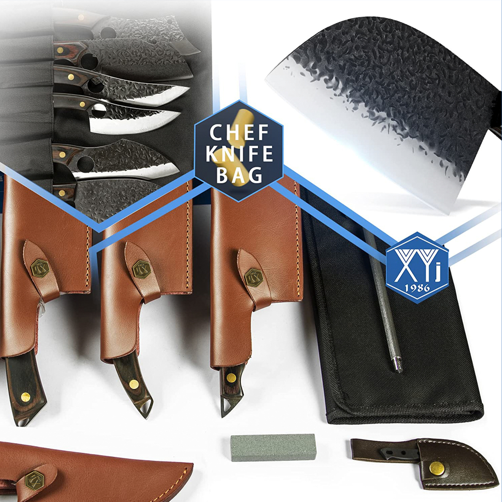 XYJ Full Tang Camping Knives Set Chinese Butcher Knife Vegetable Chef Knives With Leather Knife Sleeves&Roll Bag&Kitchen Tools
