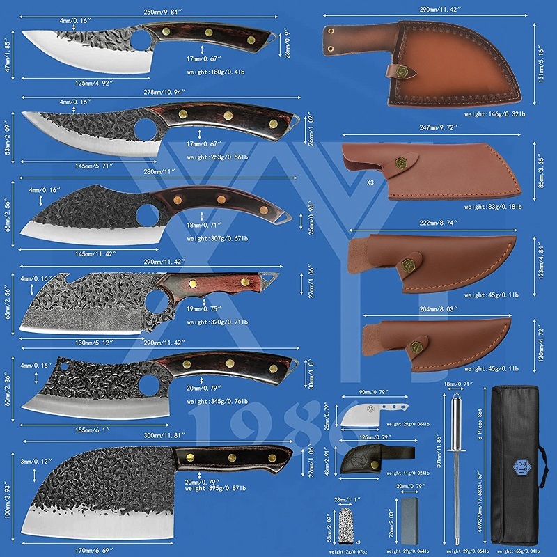 XYJ Full Tang Camping Knives Set Chinese Butcher Knife Vegetable Chef Knives With Leather Knife Sleeves&Roll Bag&Kitchen Tools