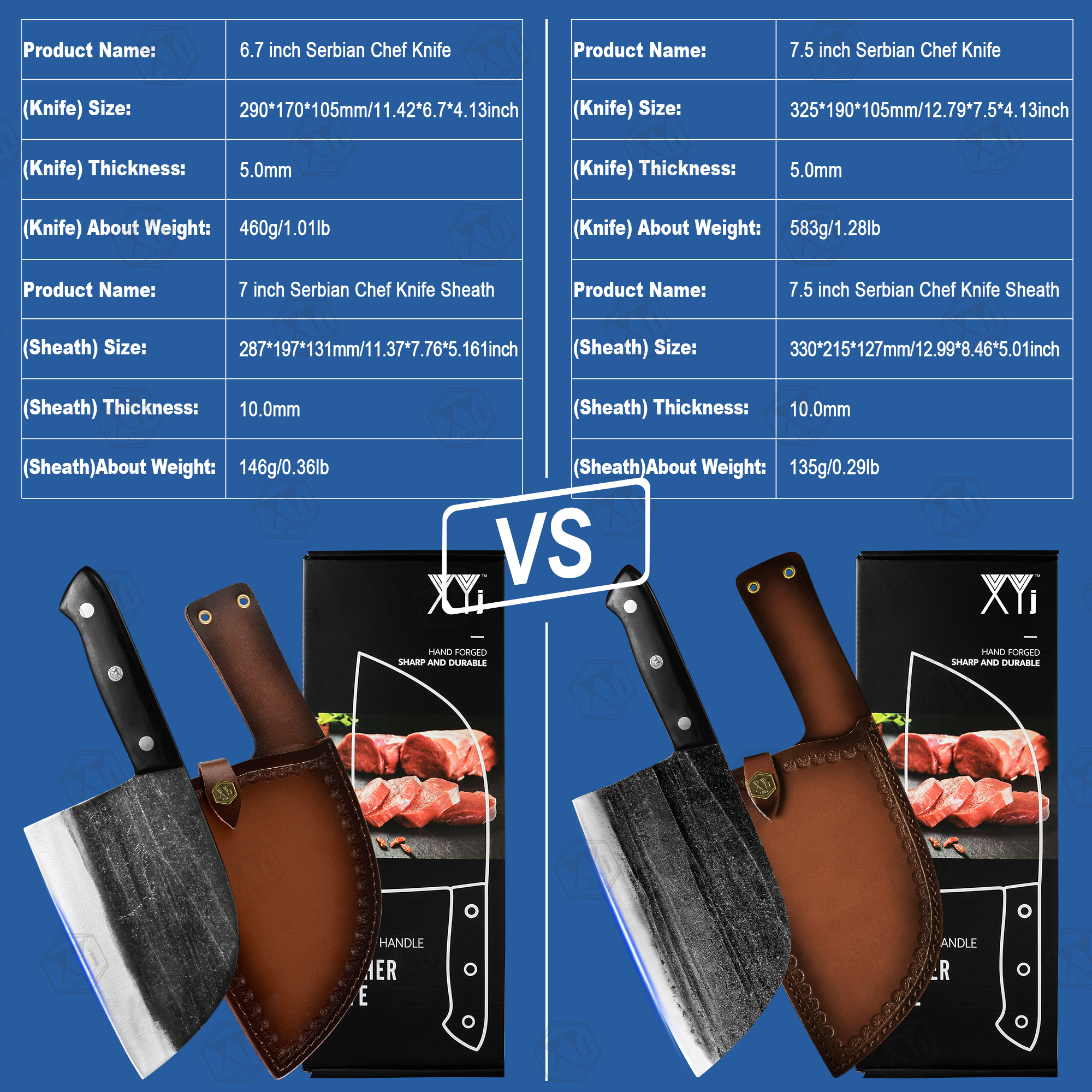 XYJ 6.7 Inch Serbian Chef Knife Cutting Butcher Knives High Carbon Steel Forging Meat Cleavers For Camping Kitchen and Outdoor Cooking Tool With Carry