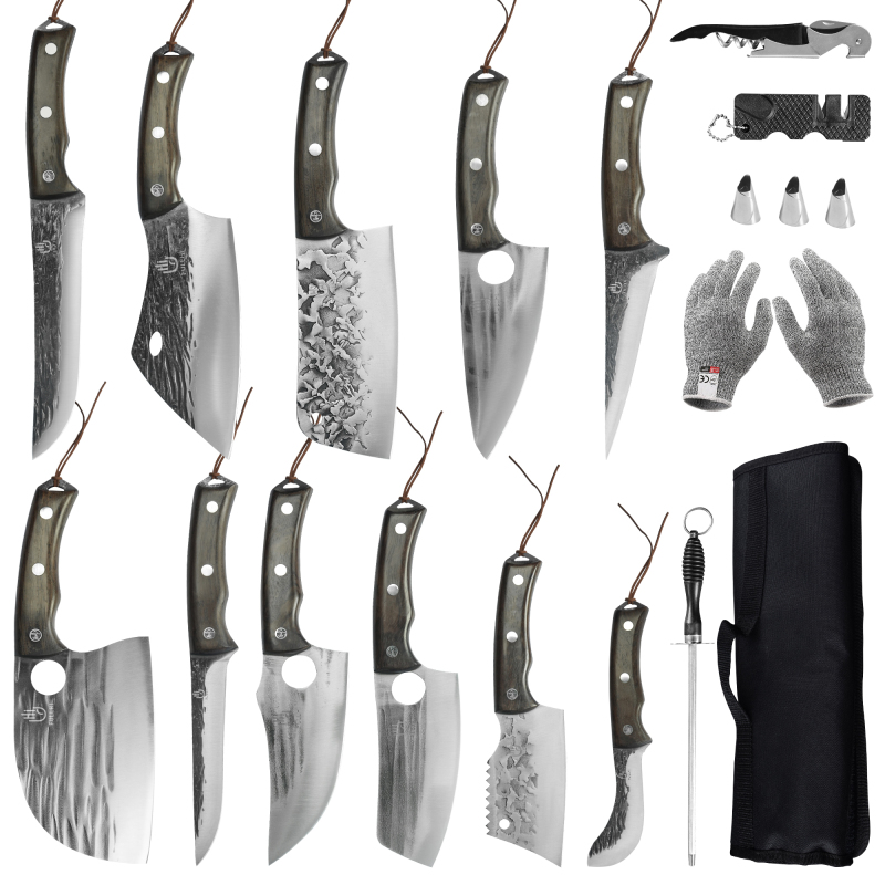 FULLHI 17pcs Butcher Chef Knife Set include sheath High Carbon Steel Cleaver Kitchen Knife Whole Tang Vegetable Cleaver Home BBQ Camping with Knife Ba