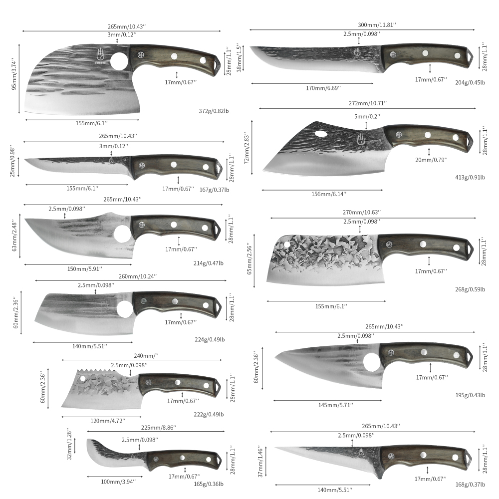 FULLHI 17pcs Butcher Chef Knife Set include sheath High Carbon Steel Cleaver Kitchen Knife Whole Tang Vegetable Cleaver Home BBQ Camping with Knife Ba