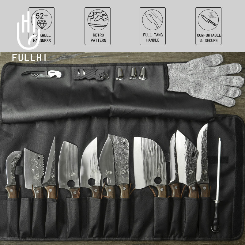 FULLHI 17pcs Butcher Chef Knife Set include sheath High Carbon Steel Cleaver Kitchen Knife Whole Tang Vegetable Cleaver Home BBQ Camping with Knife Ba