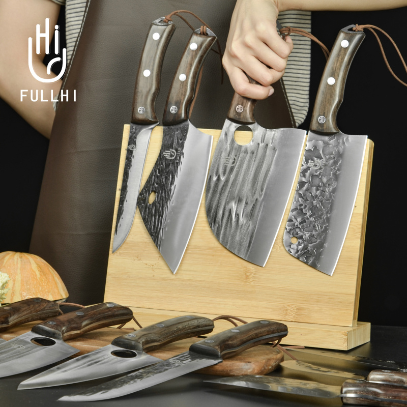 FULLHI 17pcs Butcher Chef Knife Set include sheath High Carbon Steel Cleaver Kitchen Knife Whole Tang Vegetable Cleaver Home BBQ Camping with Knife Ba