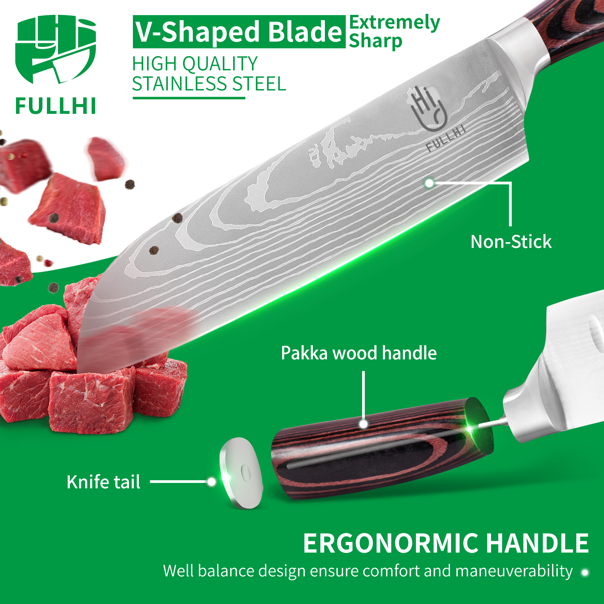 FULLHI Knife Set, 14pcs Japanese Knife Set, Premium German Stainless Steel Kitchen Knife Set