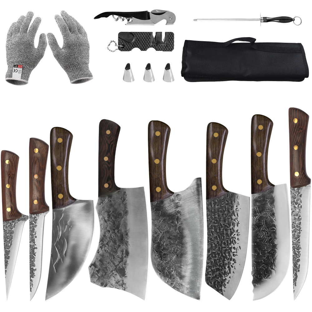 12pcs Butcher Knife Set Hand Forged chef knife Boning Knife With Sheath High Carbon Steel Carving Knife Fish Knife Chef Knife For Kitchen, Camping, BB