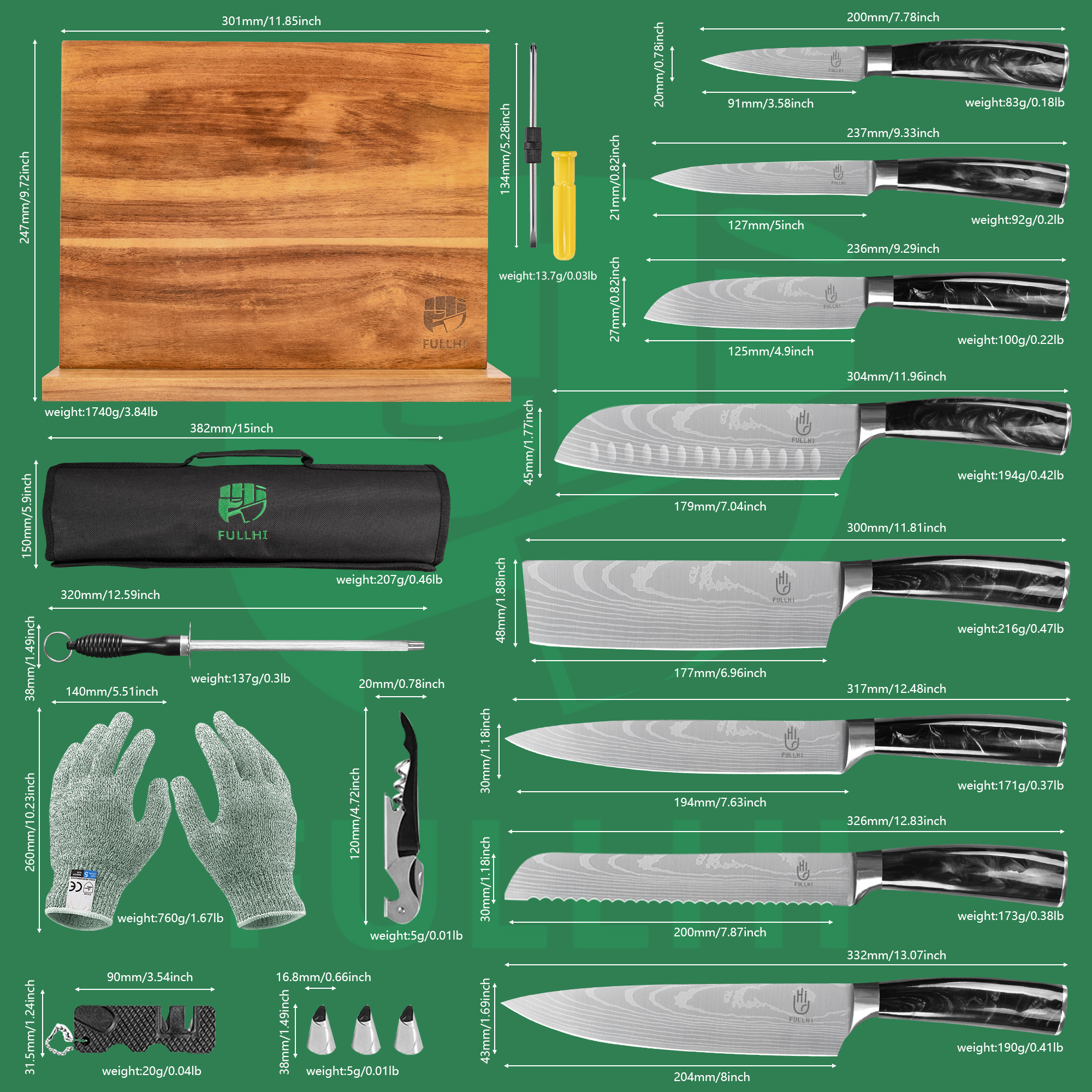 FULLHI Knife Set, 14pcs Japanese Knife Set, Premium German Stainless Steel Kitchen Knife Set