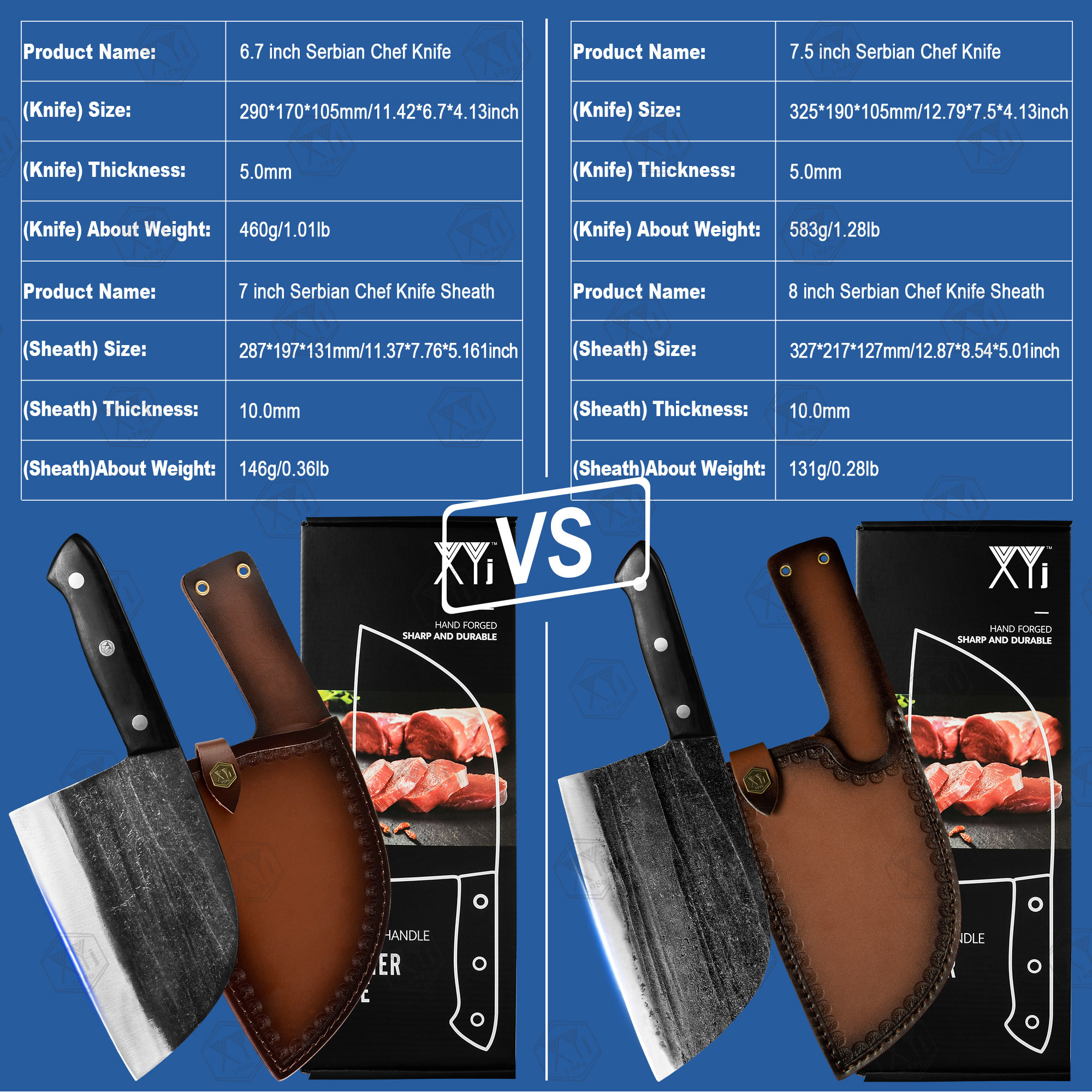 XYJ 6.7 Inch Serbian Chef Knife Cutting Butcher Knives High Carbon Steel Forging Meat Cleavers For Camping Kitchen and Outdoor Cooking Tool With Carry