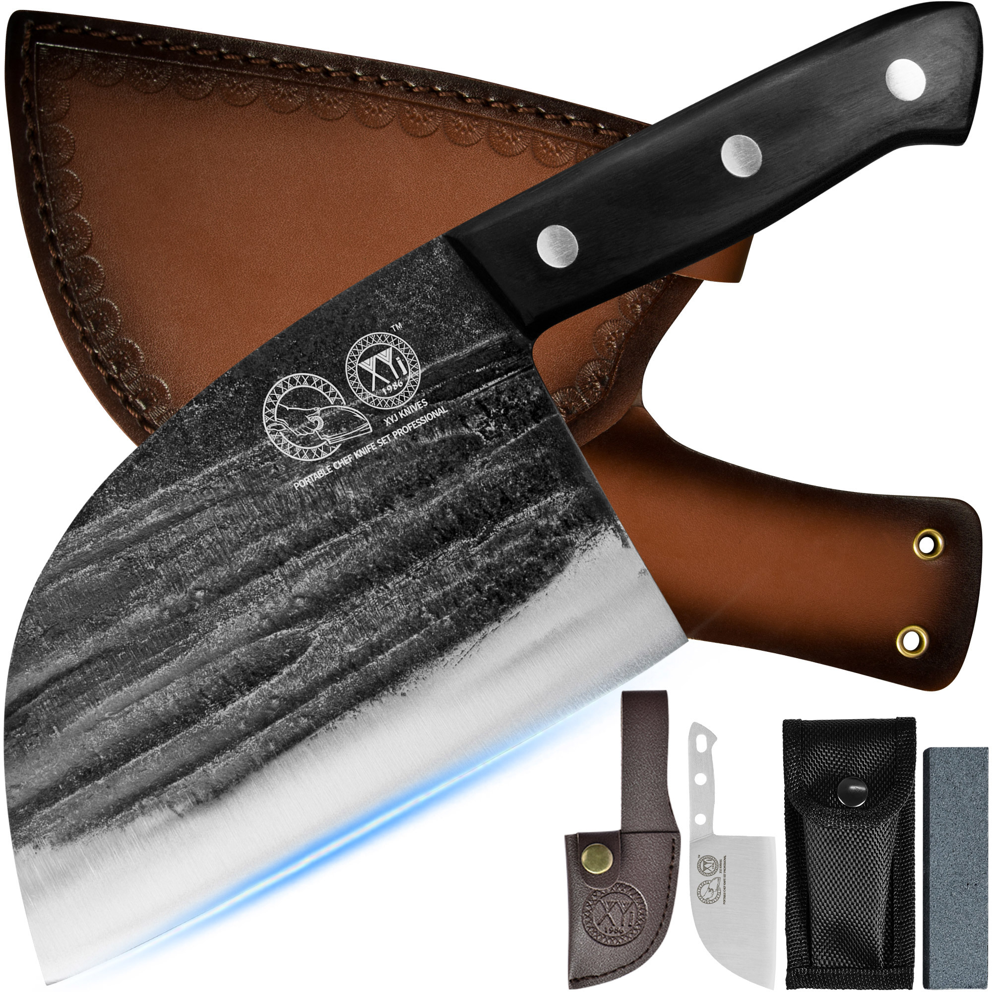 XYJ 6.7 Inch Serbian Chef Knife Cutting Butcher Knives High Carbon Steel Forging Meat Cleavers For Camping Kitchen and Outdoor Cooking Tool With Carry