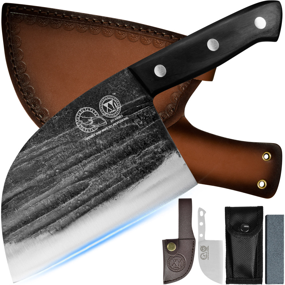XYJ 6.7 Inch Serbian Chef Knife Cutting Butcher Knives High Carbon Steel Forging Meat Cleavers For Camping Kitchen and Outdoor Cooking Tool With Carry