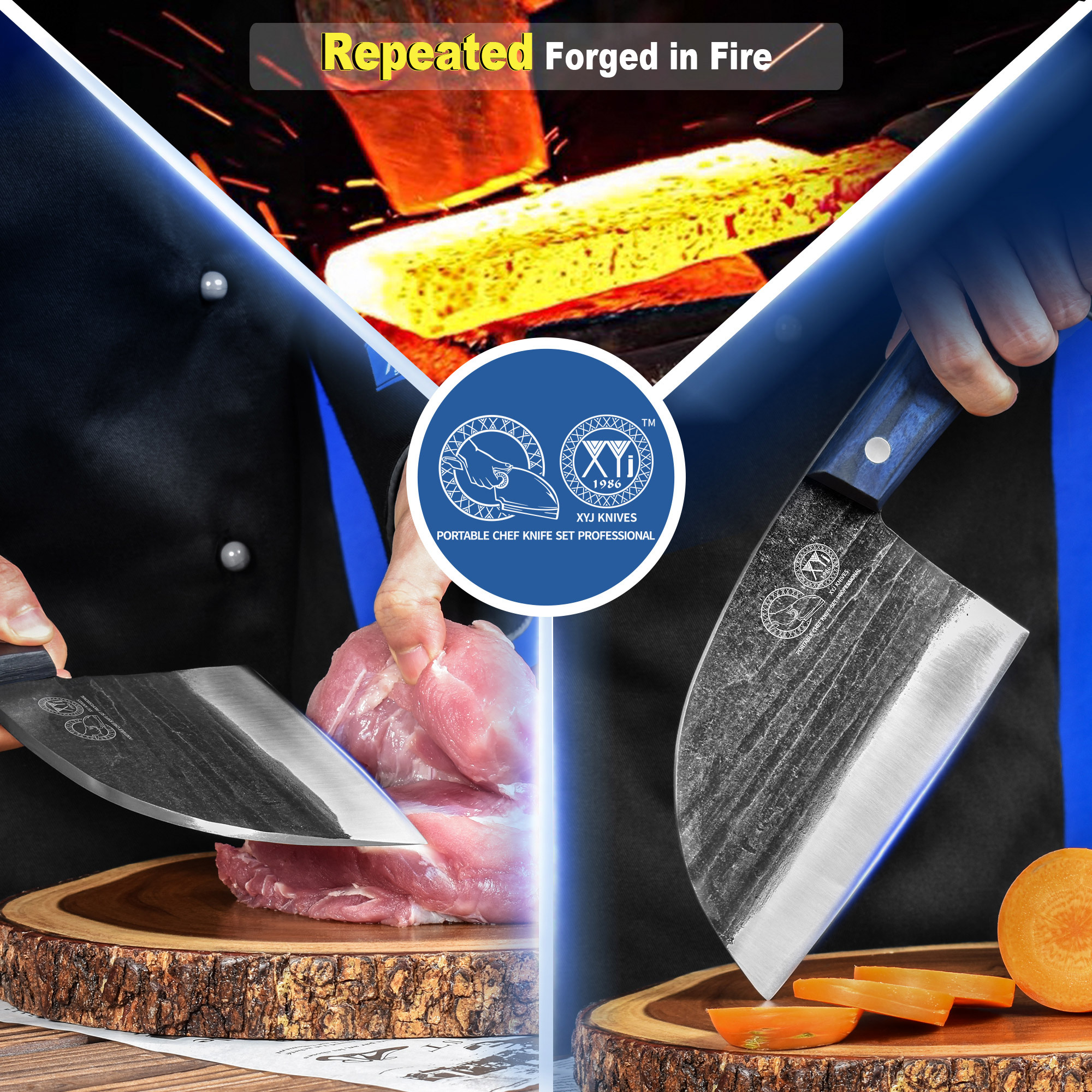XYJ 6.7 Inch Serbian Chef Knife Cutting Butcher Knives High Carbon Steel Forging Meat Cleavers For Camping Kitchen and Outdoor Cooking Tool With Carry