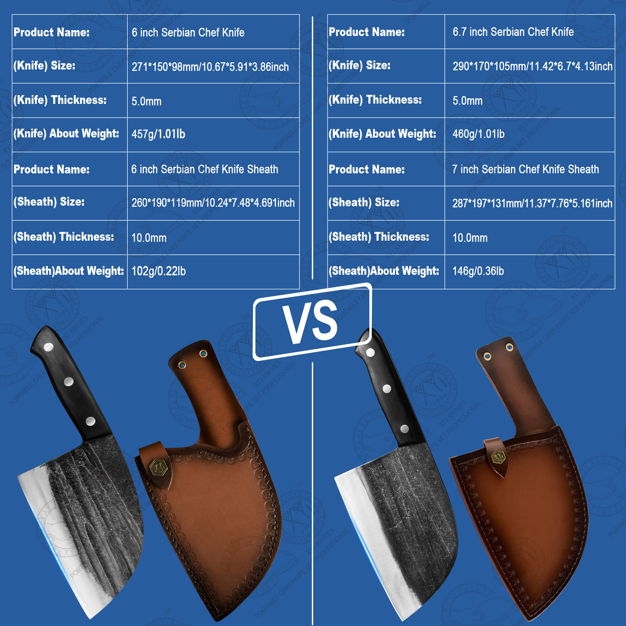 XYJ 6.7 Inch Serbian Chef Knife Cutting Butcher Knives High Carbon Steel Forging Meat Cleavers For Camping Kitchen and Outdoor Cooking Tool With Carry