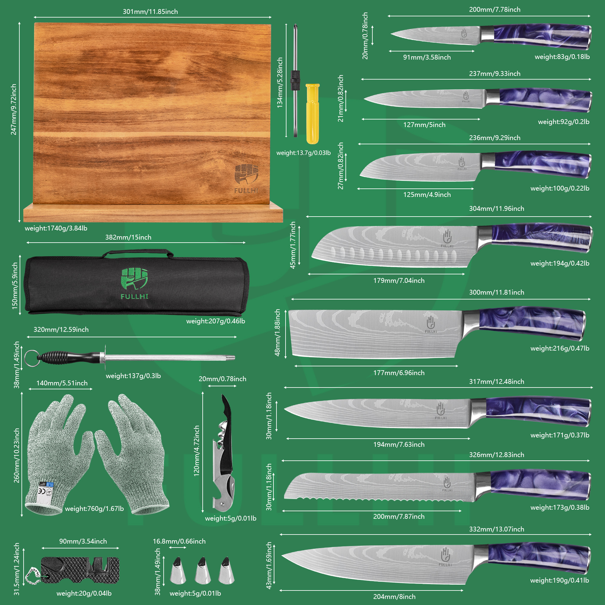 FULLHI Knife Set, 15pcs Japanese Knife Set, Premium German Stainless Steel Best Kitchen Knife Set