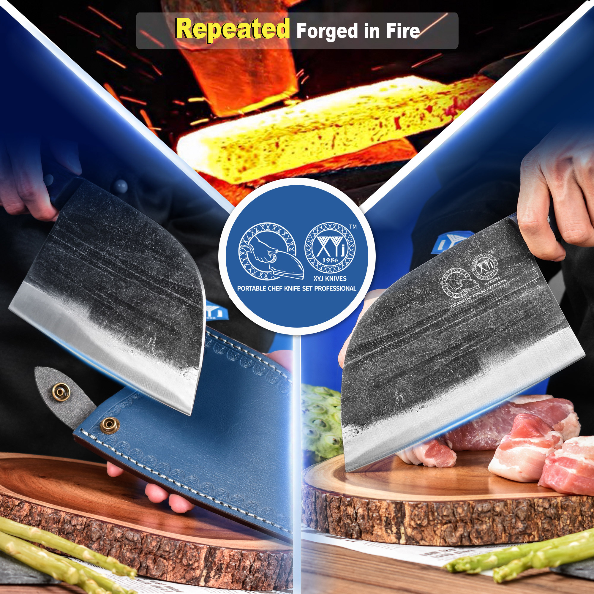 XYJ 6.7 Inch Serbian Chef Knife Cutting Butcher Knives High Carbon Steel Forging Meat Cleavers For Camping Kitchen and Outdoor Cooking Tool With Carry