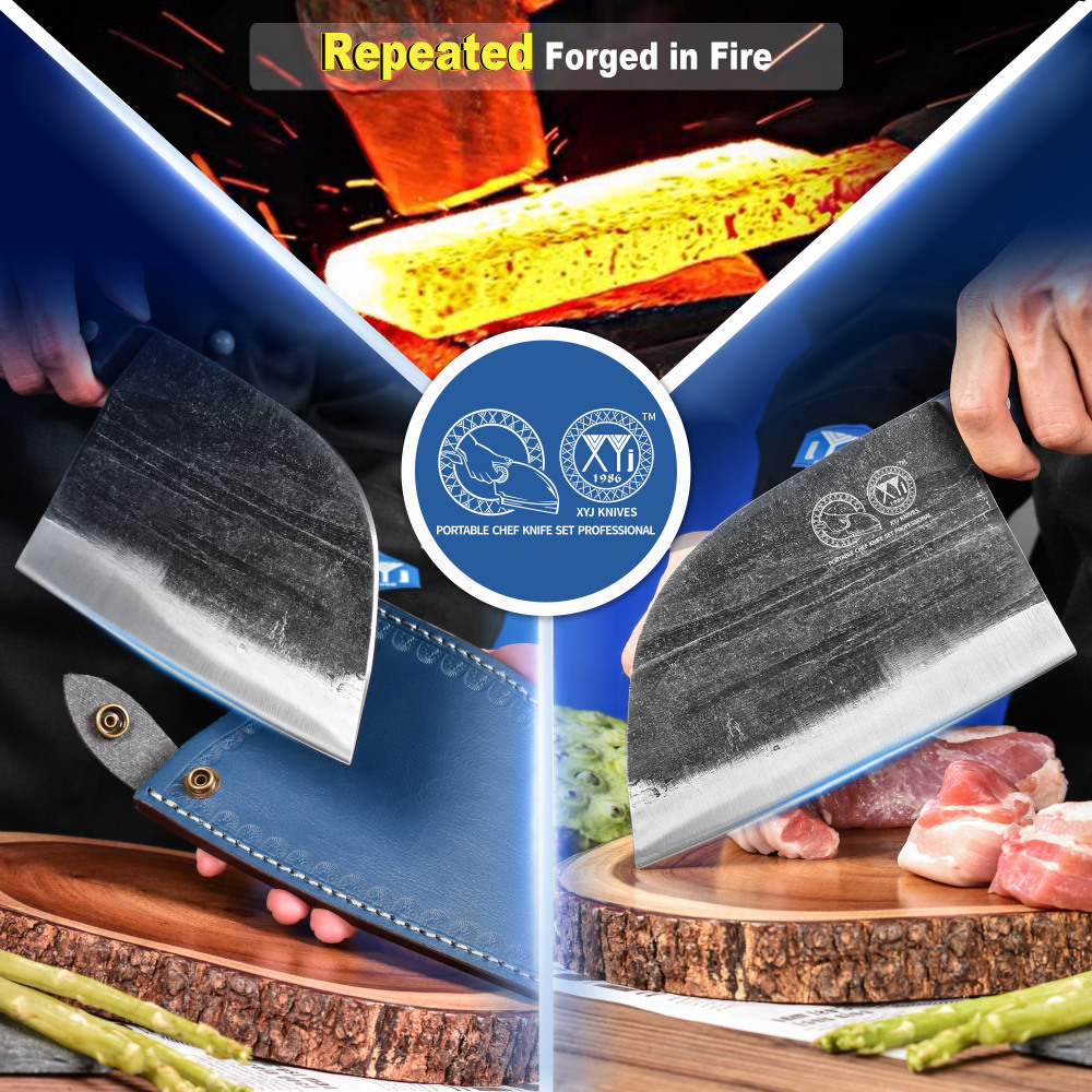XYJ 6.7 Inch Serbian Chef Knife Cutting Butcher Knives High Carbon Steel Forging Meat Cleavers For Camping Kitchen and Outdoor Cooking Tool With Carry