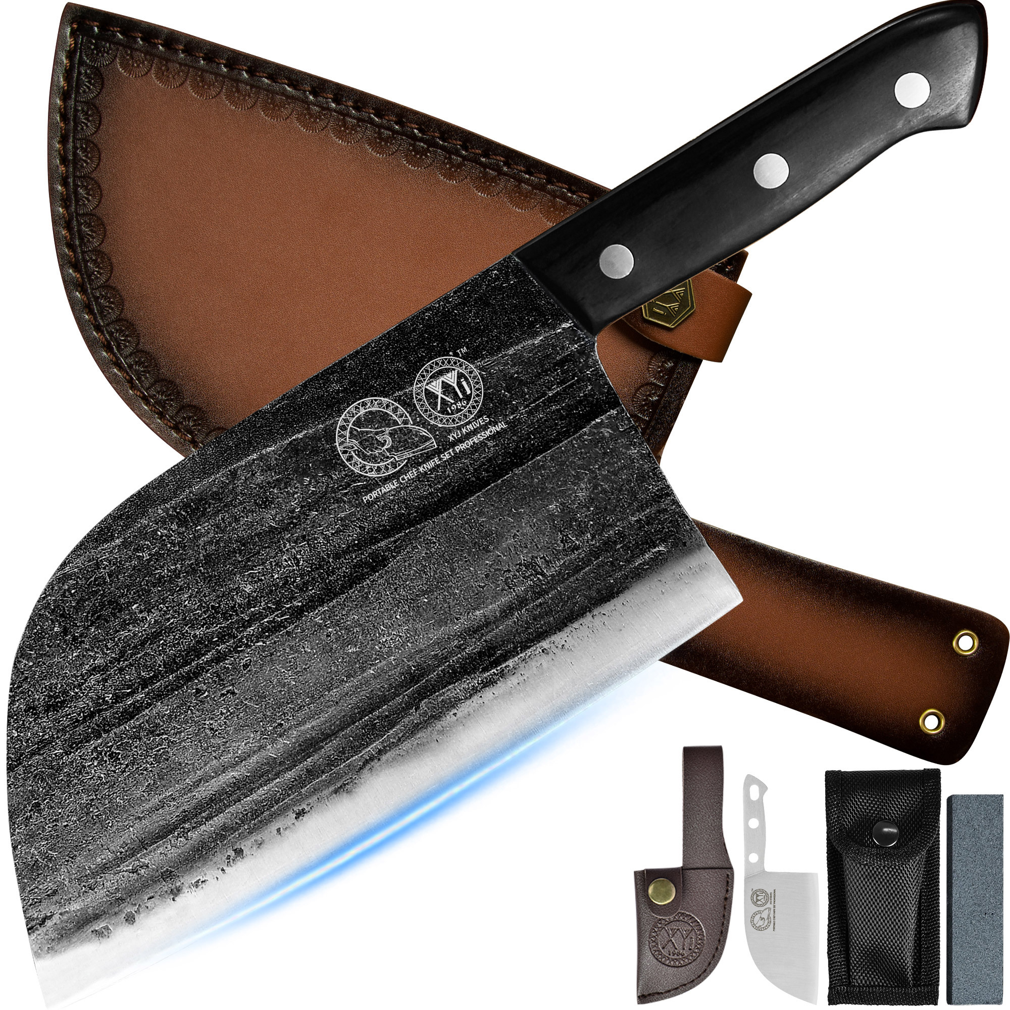 XYJ 6.7 Inch Serbian Chef Knife Cutting Butcher Knives High Carbon Steel Forging Meat Cleavers For Camping Kitchen and Outdoor Cooking Tool With Carry