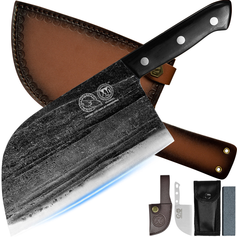 XYJ 6.7 Inch Serbian Chef Knife Cutting Butcher Knives High Carbon Steel Forging Meat Cleavers For Camping Kitchen and Outdoor Cooking Tool With Carry