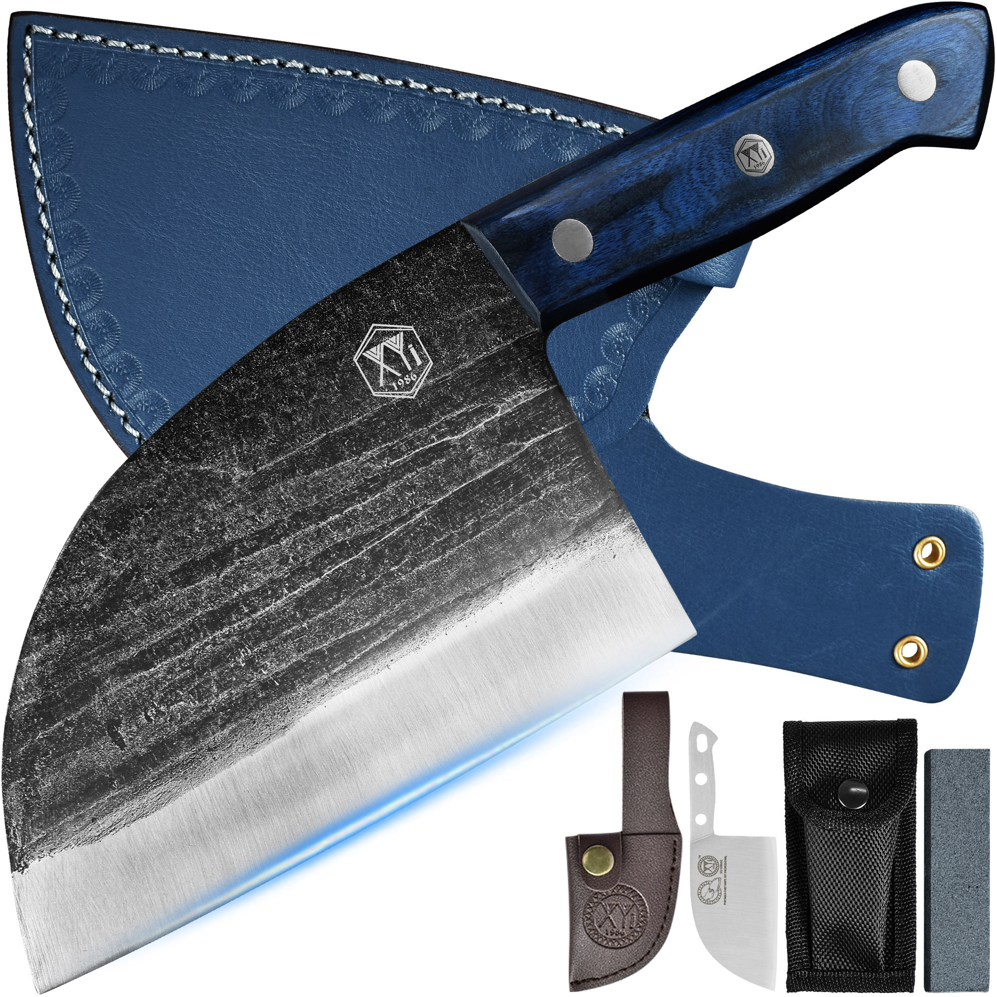 XYJ 6.7 Inch Serbian Chef Knife Cutting Butcher Knives High Carbon Steel Forging Meat Cleavers For Camping Kitchen and Outdoor Cooking Tool With Carry