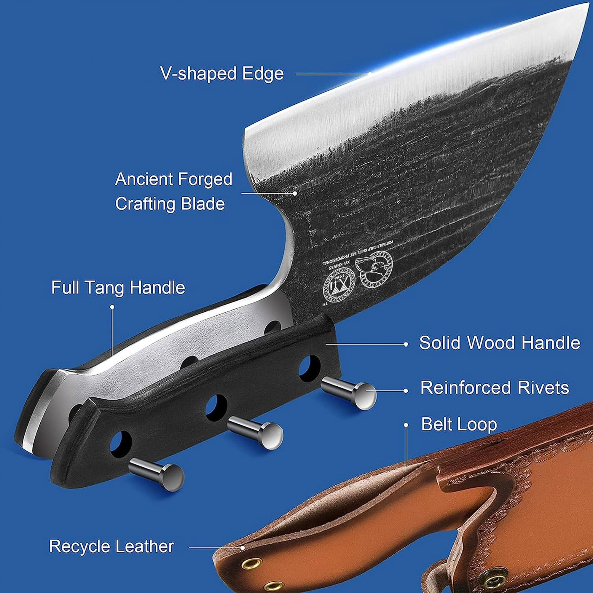 XYJ 6.7 Inch Serbian Chef Knife Cutting Butcher Knives High Carbon Steel Forging Meat Cleavers For Camping Kitchen and Outdoor Cooking Tool With Carry
