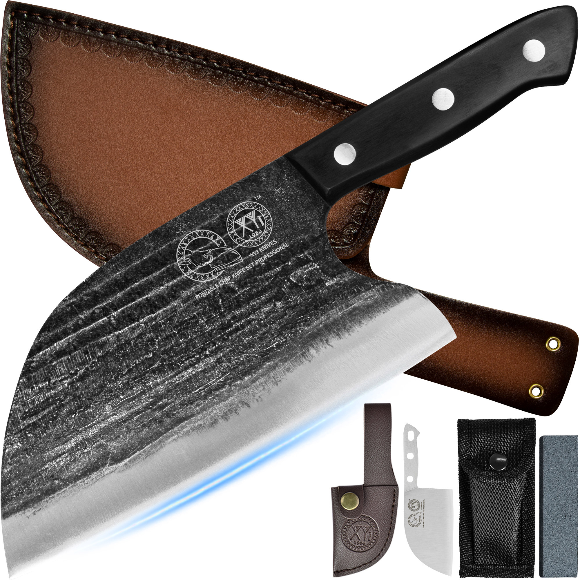 XYJ 6.7 Inch Serbian Chef Knife Cutting Butcher Knives High Carbon Steel Forging Meat Cleavers For Camping Kitchen and Outdoor Cooking Tool With Carry