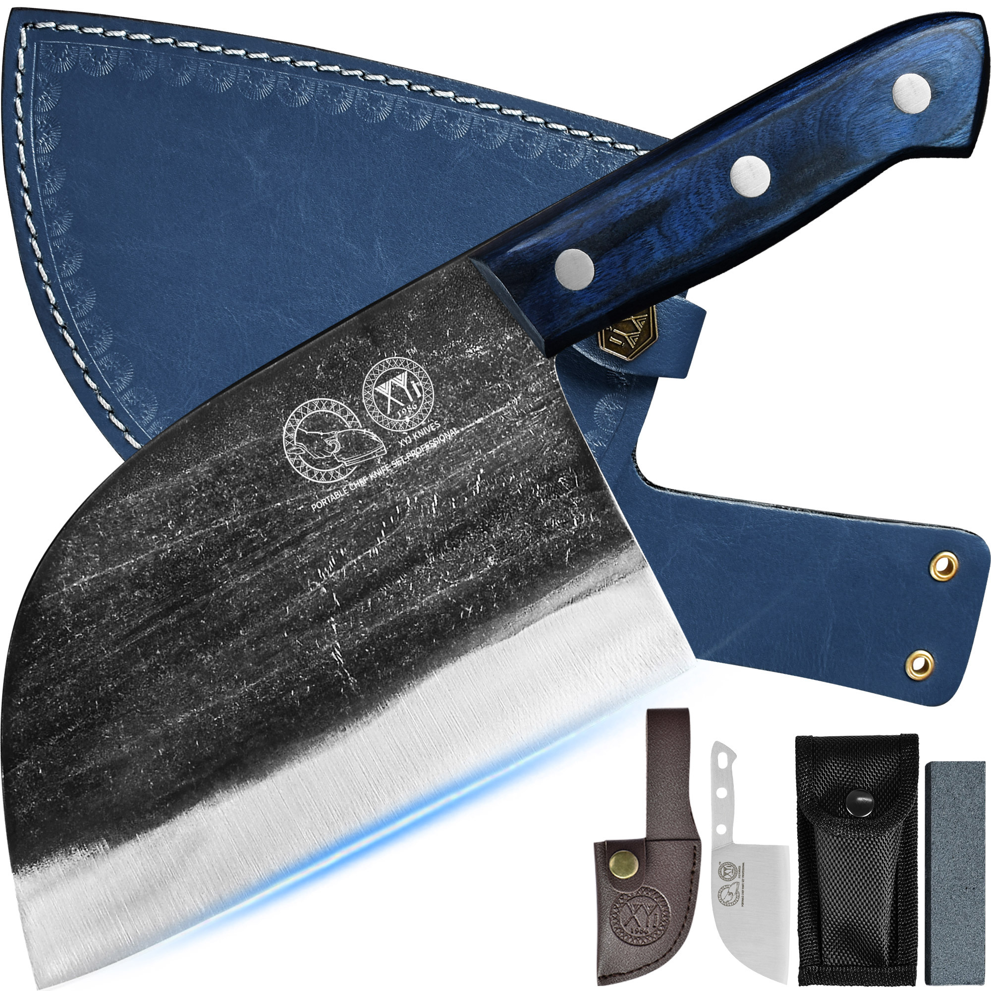 XYJ 6.7 Inch Serbian Chef Knife Cutting Butcher Knives High Carbon Steel Forging Meat Cleavers For Camping Kitchen and Outdoor Cooking Tool With Carry