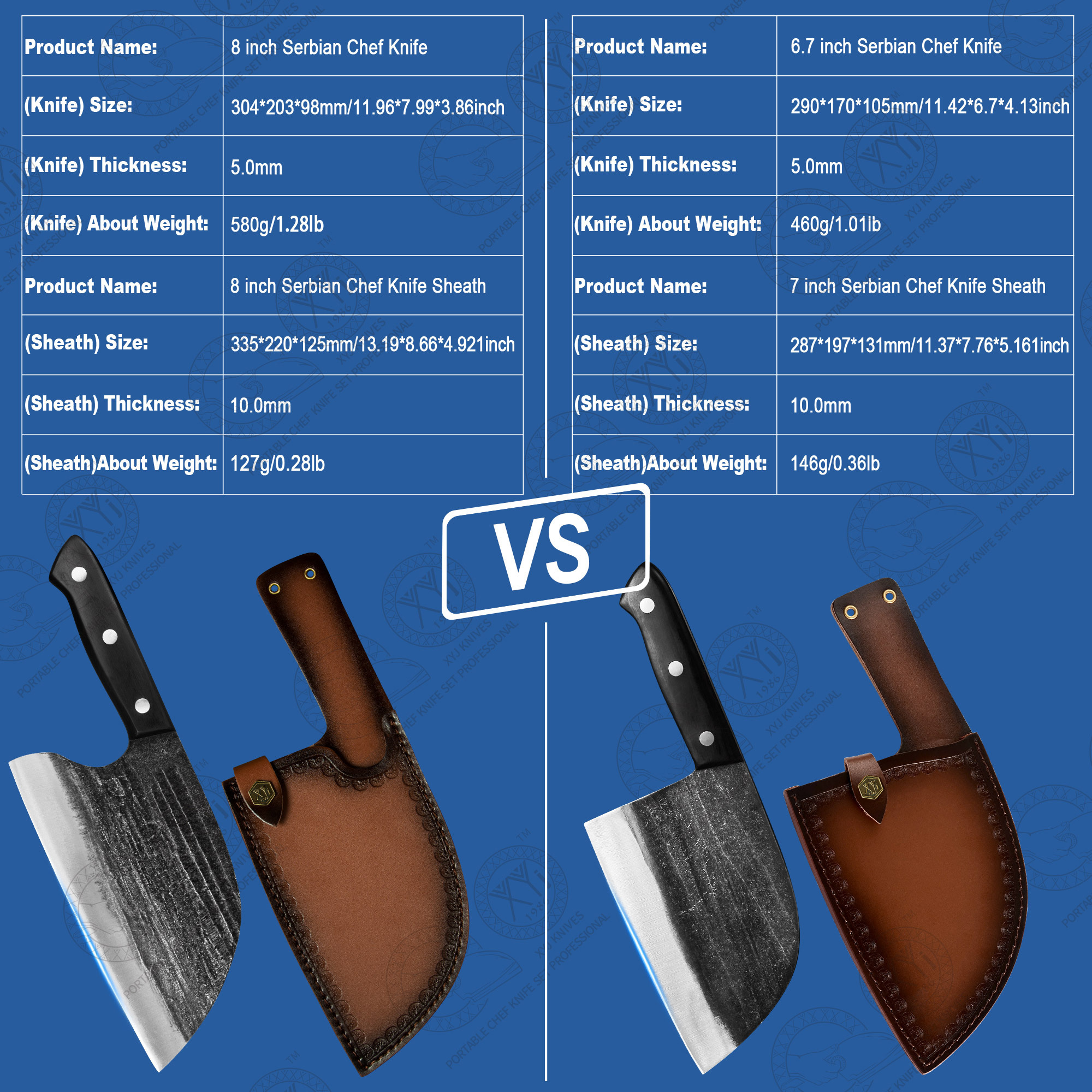 XYJ 6.7 Inch Serbian Chef Knife Cutting Butcher Knives High Carbon Steel Forging Meat Cleavers For Camping Kitchen and Outdoor Cooking Tool With Carry