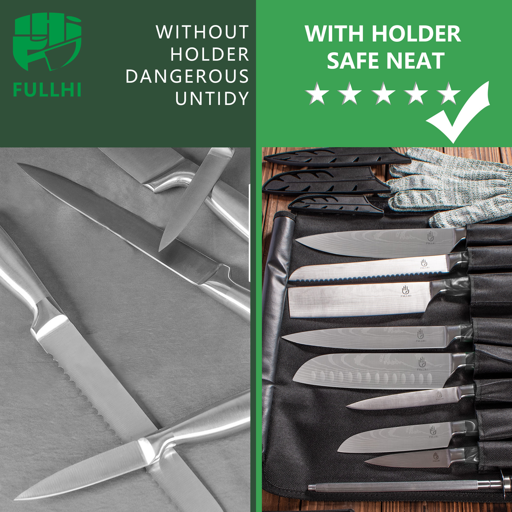 FULLHI Knife Set, 15pcs Japanese Knife Set, Premium German Stainless Steel Best Kitchen Knife Set
