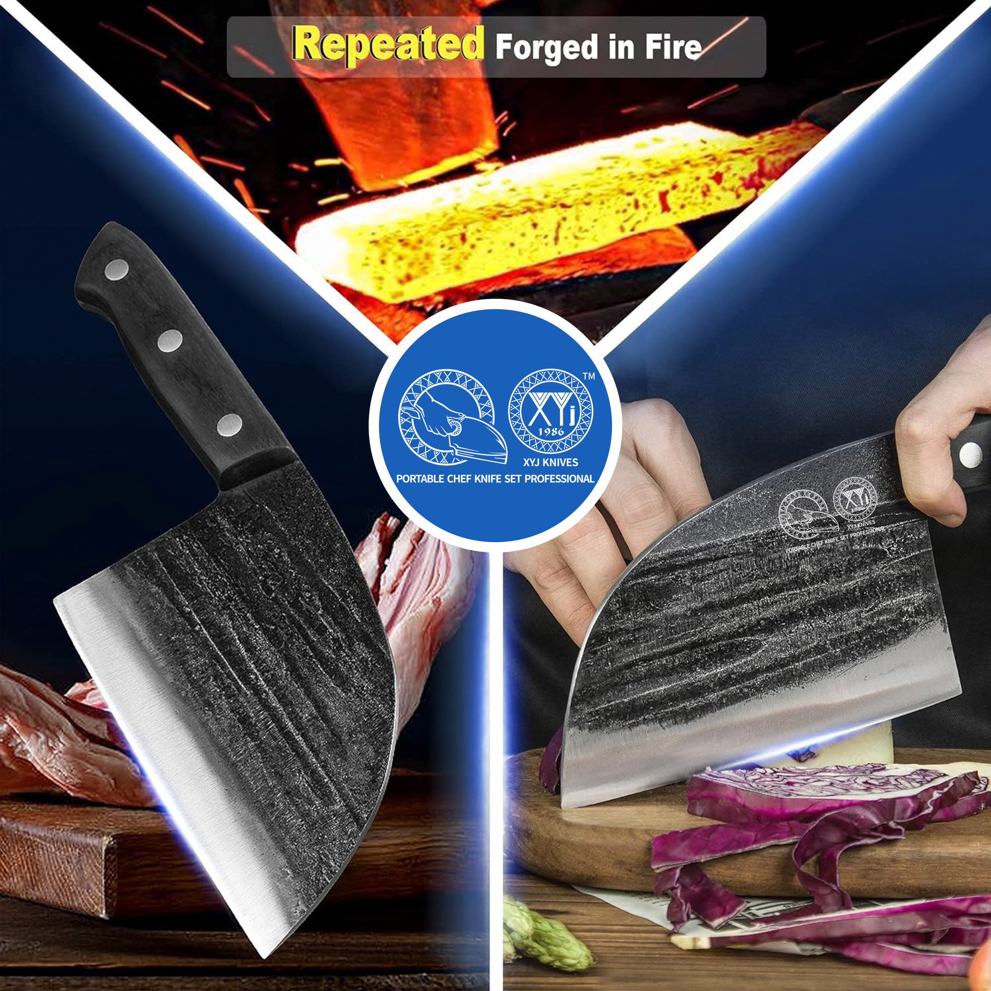 XYJ 6.7 Inch Serbian Chef Knife Cutting Butcher Knives High Carbon Steel Forging Meat Cleavers For Camping Kitchen and Outdoor Cooking Tool With Carry