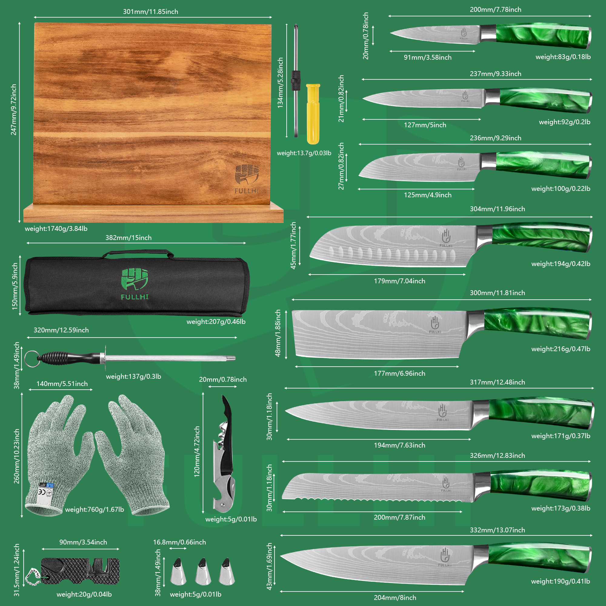 FULLHI Knife Set, 15pcs Japanese Knife Set, Premium German Stainless Steel Best Kitchen Knife Set