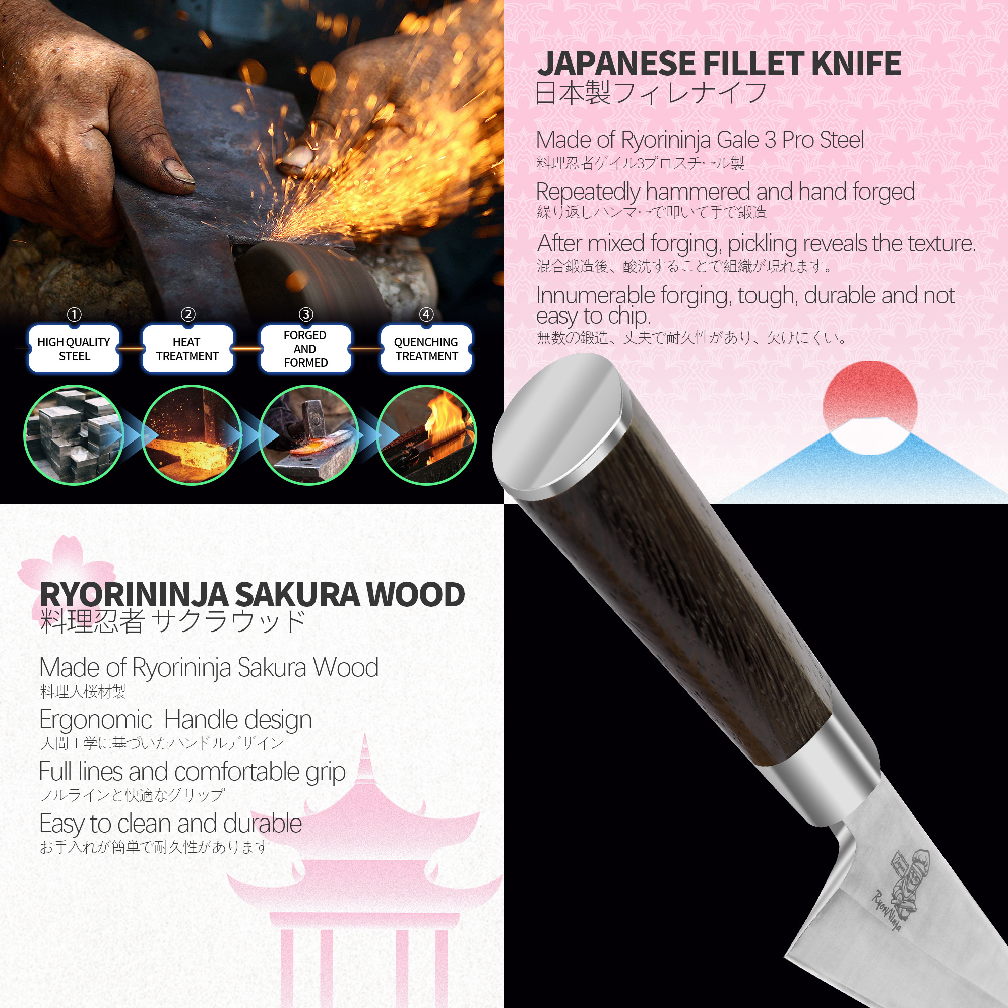 RyoriNinja Dexter Best Fillet Knife 8.5 inch Japanese Steel Fish Honesuki Knife, Professional stainless Steel Kitchen Chef Knife for cooking with Gift Box for Men and Women