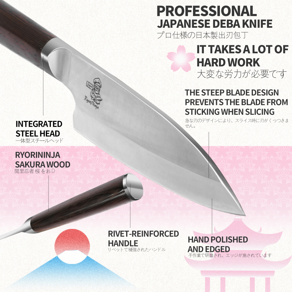 RyoriNinja Dexter Deba Knife Japanese Steel Kitchen Chef Knife, Professional stainless Steel Fish Fillet Knife for cooking with Gift Box for Men and Women