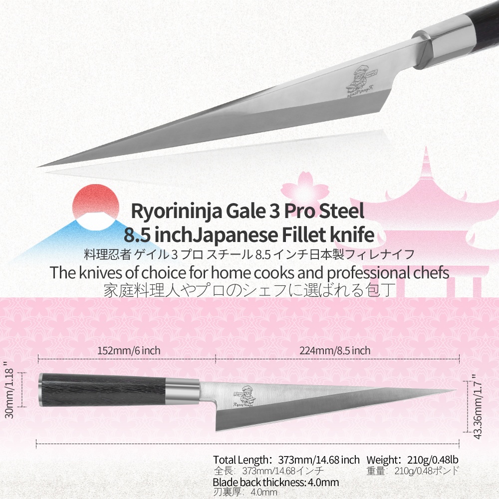 RyoriNinja Dexter Deba Knife Japanese Steel Kitchen Chef Knife, Professional stainless Steel Fish Fillet Knife for cooking with Gift Box for Men and Women