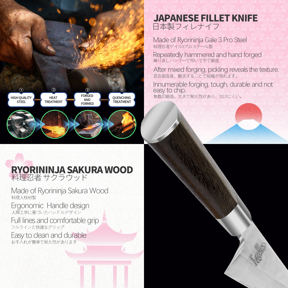RyoriNinja Dexter Deba Knife Japanese Steel Kitchen Chef Knife, Professional stainless Steel Fish Fillet Knife for cooking with Gift Box for Men and Women