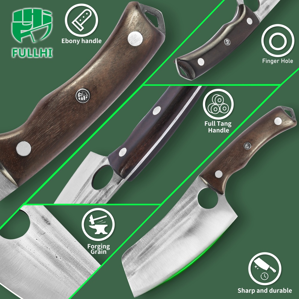 FULLHI Best Butcher Chef Knife Set include sheath High Carbon Steel Cleaver Kitchen Knife Whole Tang Vegetable Cleaver Home BBQ Camping with Knife Ba