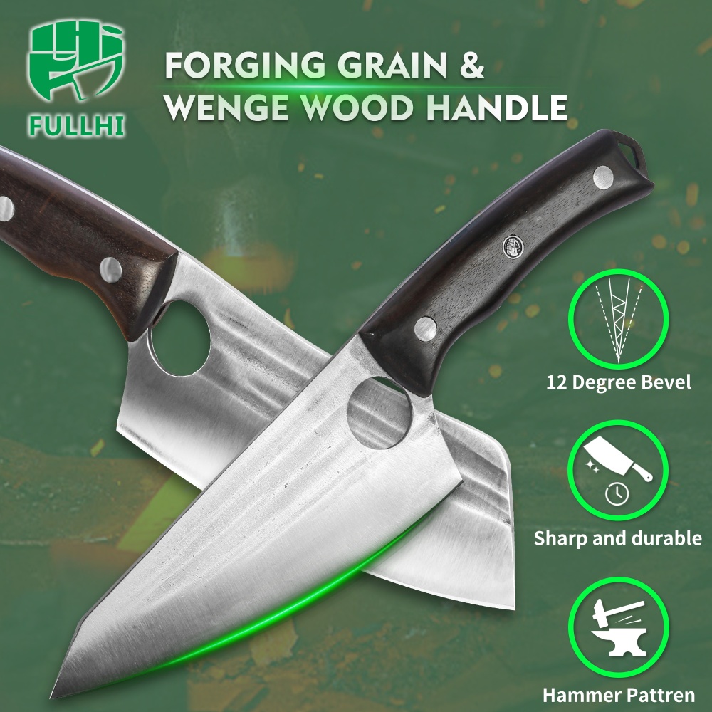 FULLHI Best Butcher Chef Knife Set include sheath High Carbon Steel Cleaver Kitchen Knife Whole Tang Vegetable Cleaver Home BBQ Camping with Knife Ba