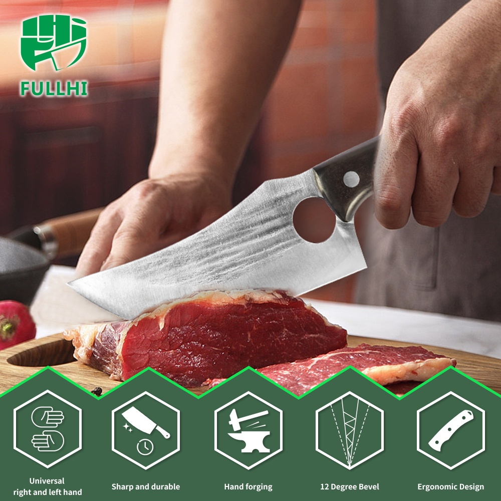 FULLHI Best Butcher Chef Knife Set include sheath High Carbon Steel Cleaver Kitchen Knife Whole Tang Vegetable Cleaver Home BBQ Camping with Knife Ba