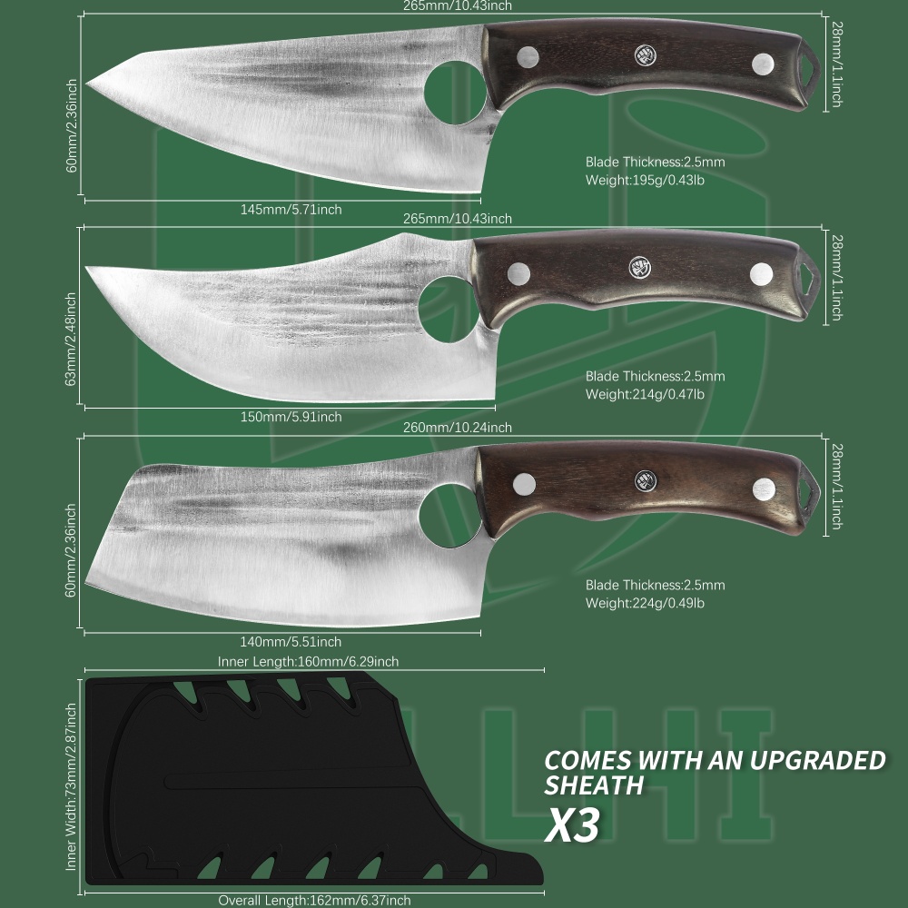FULLHI Best Butcher Chef Knife Set include sheath High Carbon Steel Cleaver Kitchen Knife Whole Tang Vegetable Cleaver Home BBQ Camping with Knife Ba