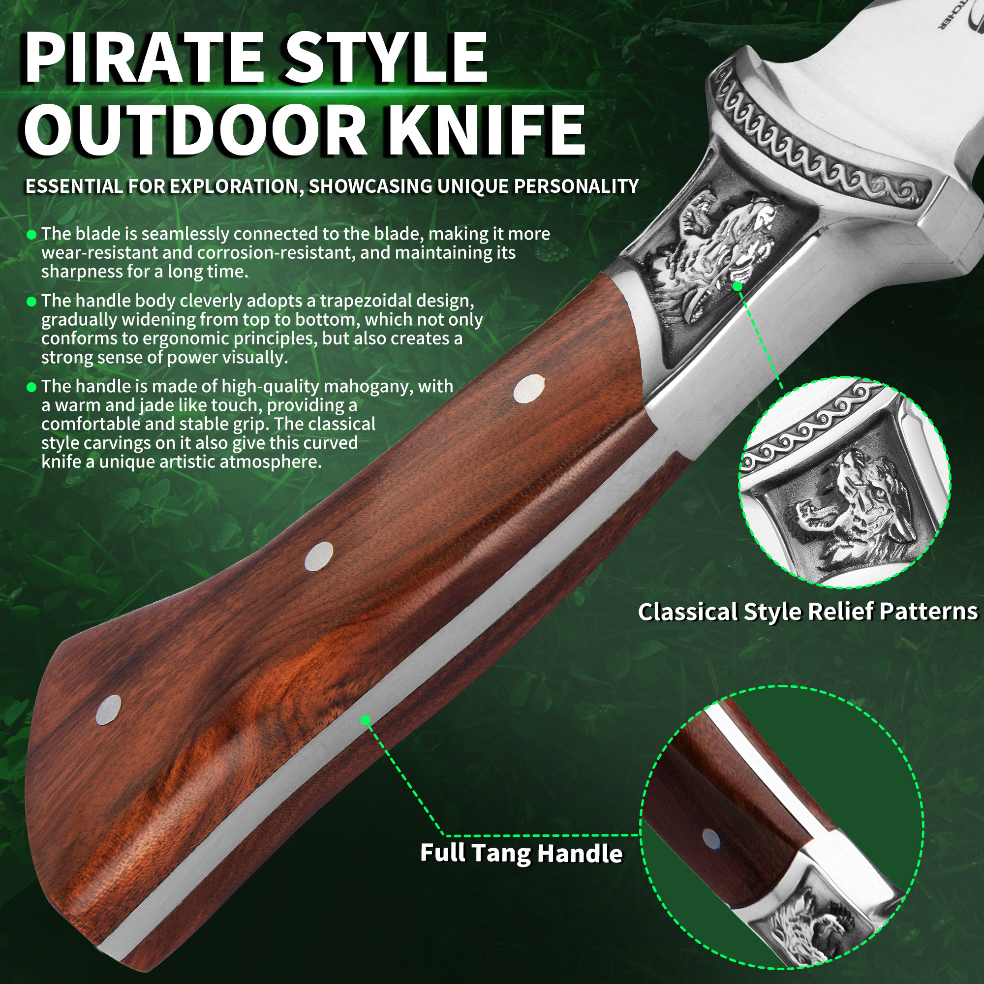 FULLHI Fixed Blade Hunting Knives, Classic Model Wood Handle Hunting Knife with Sheath for Camping Hiking Survival Knives for Men Women(7.8''curved blade)